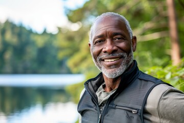 Portrait of a joyful afro-american man in his 50s dressed in a breathable mesh vest isolated in serene lakeside view