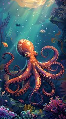Obraz premium Octopus and beautiful underwater scenery, Underwater Scene with Incredible Commotion of an Octopus