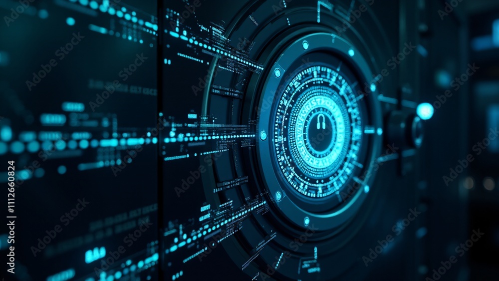 Poster a digital vault with encryption symbols and glowing locks, symbolizing the secure storage of cryptoc