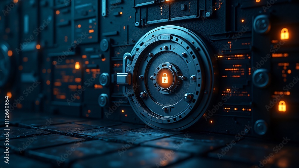 Poster a digital vault with encryption symbols and glowing locks, symbolizing the secure storage of cryptoc