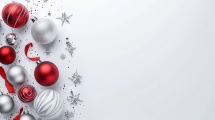 Christmas red silver decorations balls New Year on white background