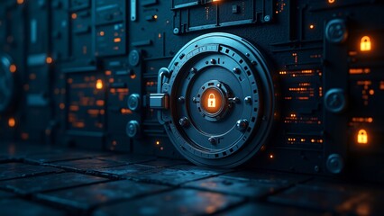 A digital vault with encryption symbols and glowing locks, symbolizing the secure storage of cryptocurrencies.