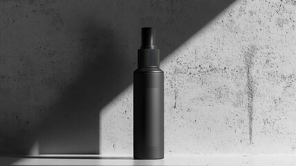 Minimalist Monochrome Spray Bottles. A sleek, matte black bottle stands against a textured background with dramatic lighting, creating a modern and minimalist aesthetic.