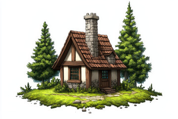 Charming cottage surrounded by lush trees and greenery, featuring stone chimney and welcoming pathway. This picturesque scene evokes sense of tranquility and warmth