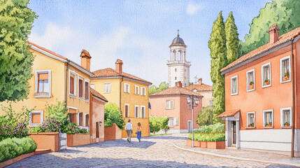 Fototapeta premium Charming street scene with colorful houses and bell tower, showcasing peaceful atmosphere. vibrant architecture and lush greenery create picturesque setting