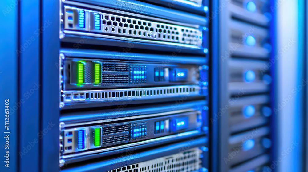 Poster closeup of server racks in data center with glowing blue lights and green indicators, showcasing adv