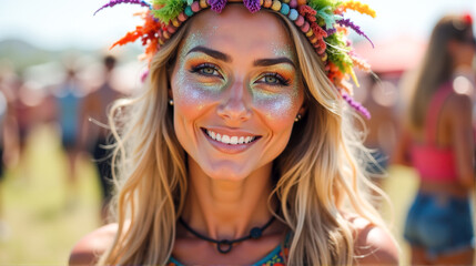 Vibrant festival participant with colorful makeup and floral headpiece enjoys summer festivities in an outdoor setting