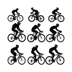 Fototapeta premium Cyclist Riding Bicycle Silhouett set Clipart on a white Background