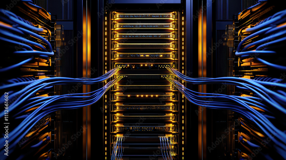Poster closeup view of modern data center with illuminated servers and cables, showcasing sleek design and 