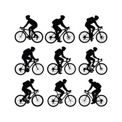 Cyclist Riding Bicycle Silhouett set Clipart on a white Background