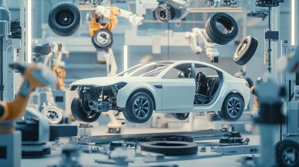 Fototapeta premium Futuristic Car Manufacturing: Assembly Line with Robotics