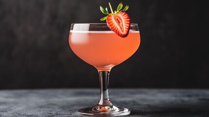Valentine Celebration Garnish Ideas. A refreshing pink cocktail garnished with a strawberry, served in an elegant glass against a dark background.