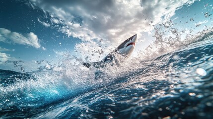 Obraz premium Majestic Great White Shark Breaching Through Ocean Waves Beneath Dramatic Sky, Capturing the Power and Beauty of Nature's Marine Life