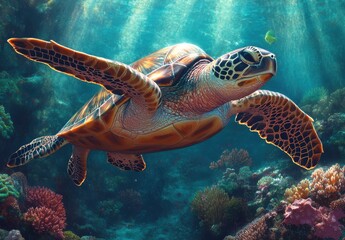 Majestic Sea Turtle Gliding Gracefully in Vibrant Coral Reef Underwater World with Sunlight Streaming Through Crystal Clear Ocean Water