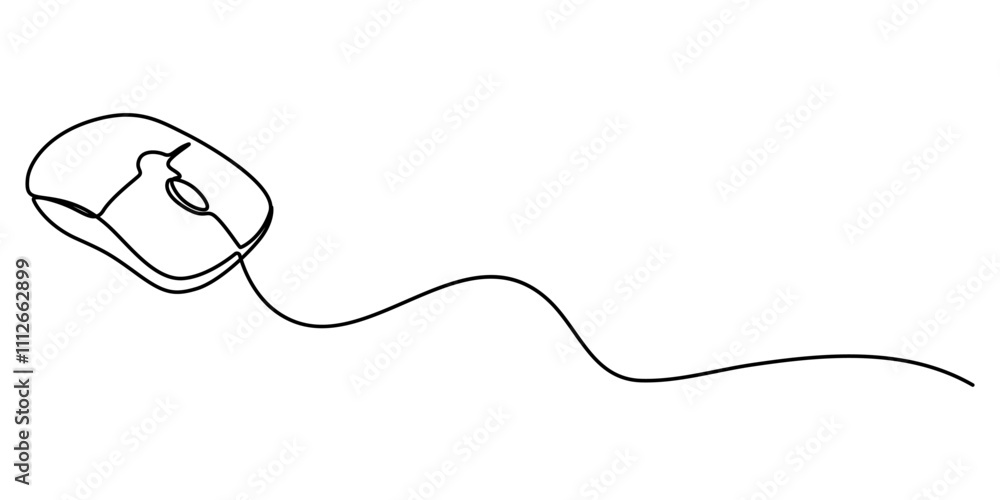 Poster Continuous single line drawing of computer mouse icon. Vector illustration, Continuous line drawing. Computer mouse sign. Hand drawn illustration with black line on white background. Vector symbol. 