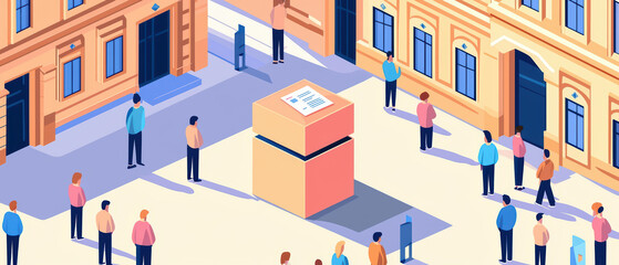 Crowd of people engaging around large package in urban environment, showcasing interaction and community involvement