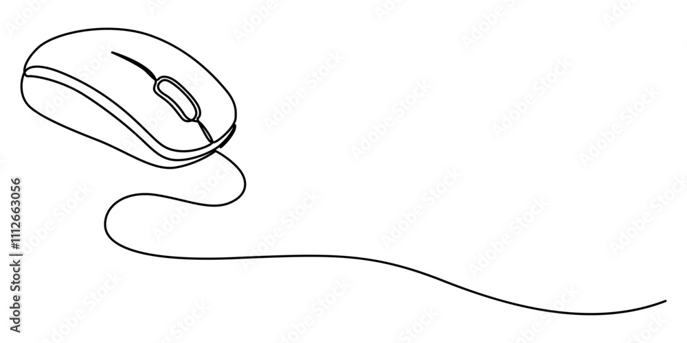 Poster Continuous single line drawing of computer mouse icon. Vector illustration, Continuous line drawing. Computer mouse sign. Hand drawn illustration with black line on white background. Vector symbol. 