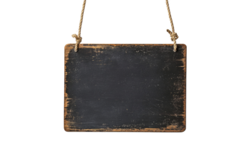 A hanging chalkboard sign isolated on a transparent PNG white background