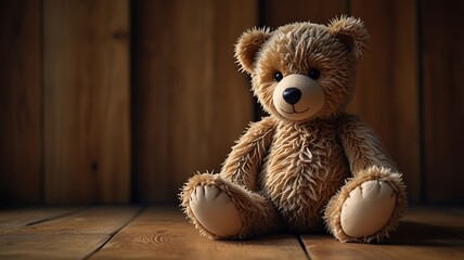 Obraz premium A teddy bear sitting on a wooden surface, with a wooden wall in the background, creating a warm and cozy atmosphere.