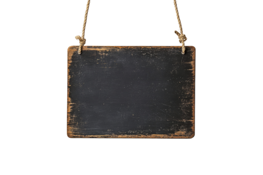 A hanging chalkboard sign isolated on a transparent PNG white background