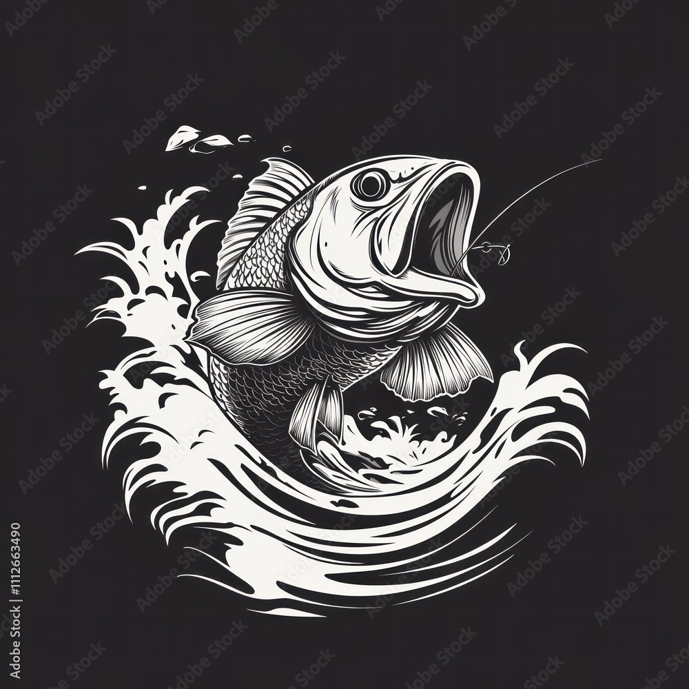 Poster here's a description and keywords for your image.. leaping fish caught on a hook, monochrome illustr