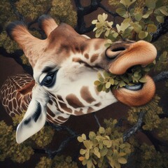 Obraz premium Close up of a giraffe's face eating from a tree