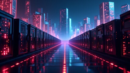 A futuristic digital cryptocurrency mining landscape with glowing mining rigs and data streams, symbolizing the mining process.