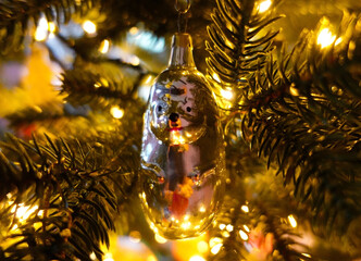 Retro Soviet glass New Year and Christmas tree toy on the tree