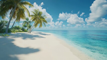 Idyllic tropical beach scene with palm trees, white sand, and turquoise ocean under a sunny sky.