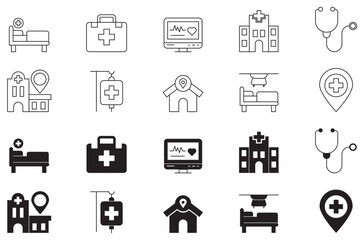 Fototapeta premium A set of hospital line icons, ambulance, blood donation, stethoscope, and doctor