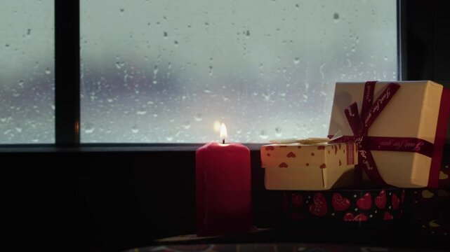 Holy Christmas New Year Eve Decoration and Gift Boxes on Candle Light Near the Window Glass in Rainy Day