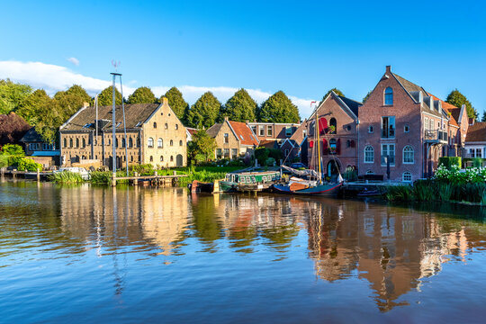 Historic Town of Dokkum in Friesland, Netherlands with Waterway and Boats