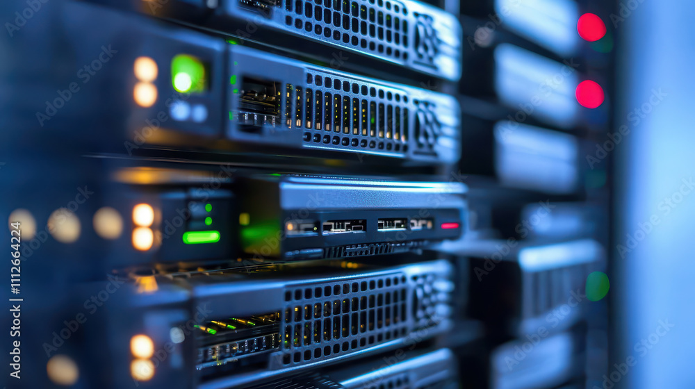 Poster high performance servers in data center with glowing lights and network connections create vibrant t