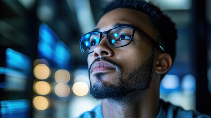 Man with glasses contemplating blockchain analytics tools in modern setting