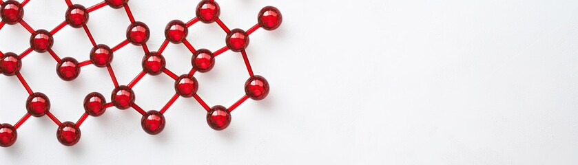 Polymers in Material Science. A geometric arrangement of red molecular structures on a light background, symbolizing scientific concepts and research.