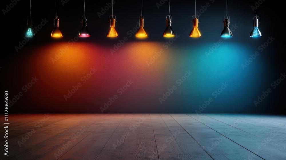 Poster vibrant collection of hanging light fixtures casting colorful shadows on a dark wall in an empty stu