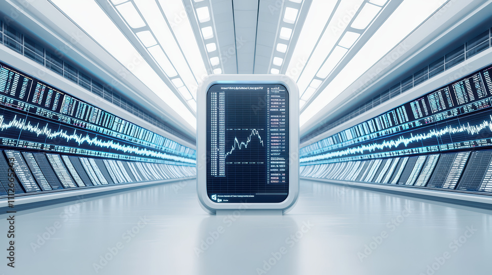 Poster Futuristic data analysis station with graphical charts in high tech environment, showcasing advanced technology and data visualization