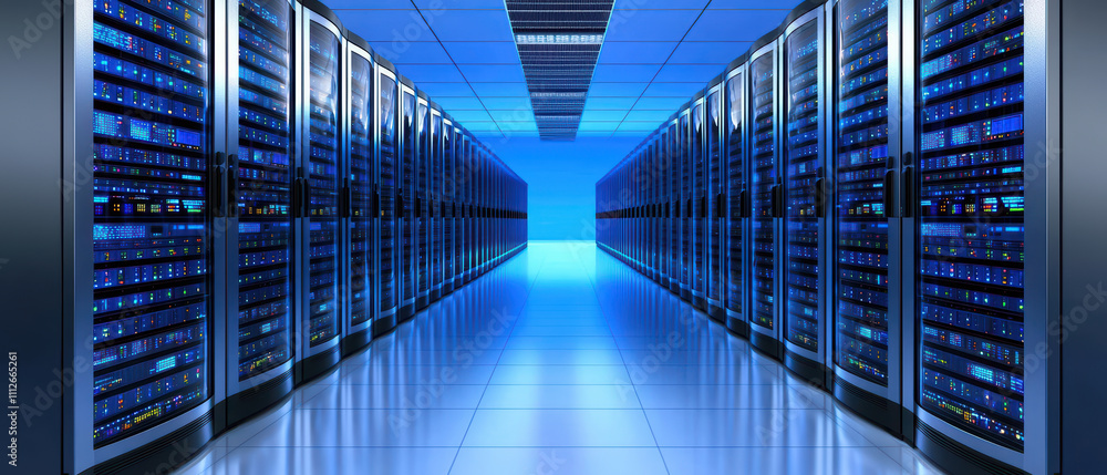 Poster futuristic data center with rows of servers and blue lighting, showcasing advanced technology and sl