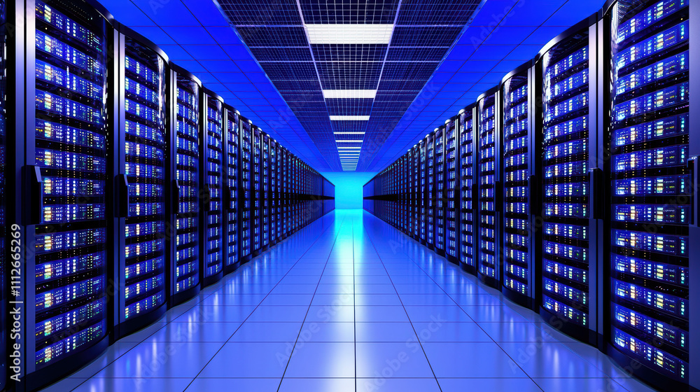 Poster futuristic data center with rows of servers, illuminated in blue light, showcasing advanced technolo