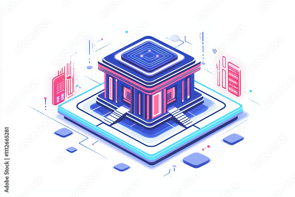 Poster futuristic digital building with vibrant colors and geometric shapes, showcasing advanced architectu