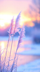 Obraz premium Marsh grasses covered with frost highlighted by the rising sun.