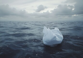 Plastic Waste Floating in Ocean Water Under Gray Clouds, Highlighting Environmental Issues and Pollution in Marine Ecosystems, A Call for Global Action Against Waste