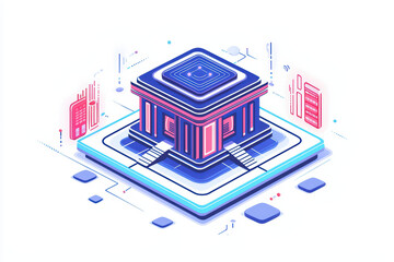 Obraz premium Futuristic digital building with vibrant colors and geometric shapes, showcasing advanced architecture and technology. Ideal for modern design concepts