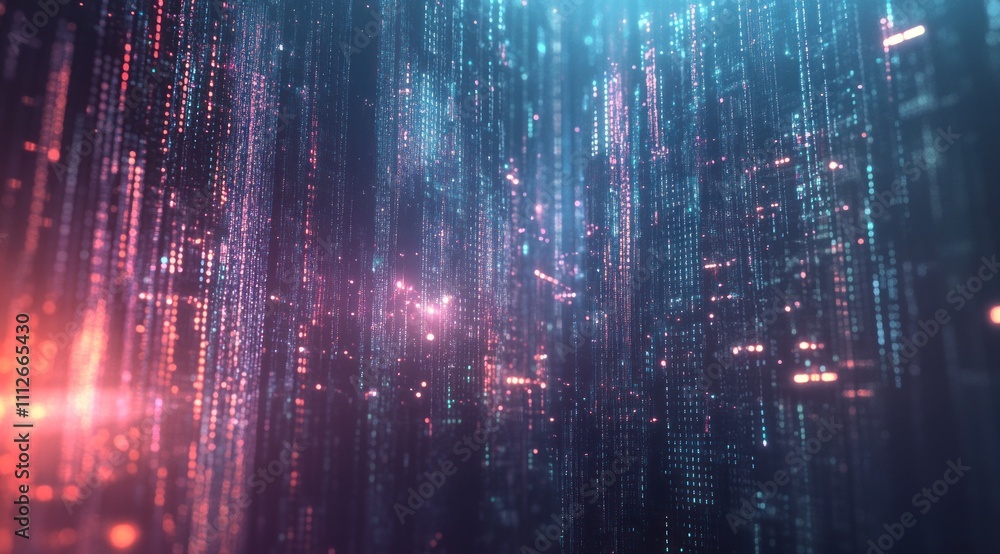 Poster abstract digital data stream, glowing lines and particles, futuristic technology background.