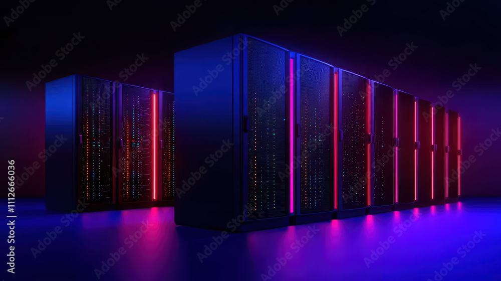 Poster high tech server racks glowing in dark space with colorful lights create futuristic atmosphere. vibr