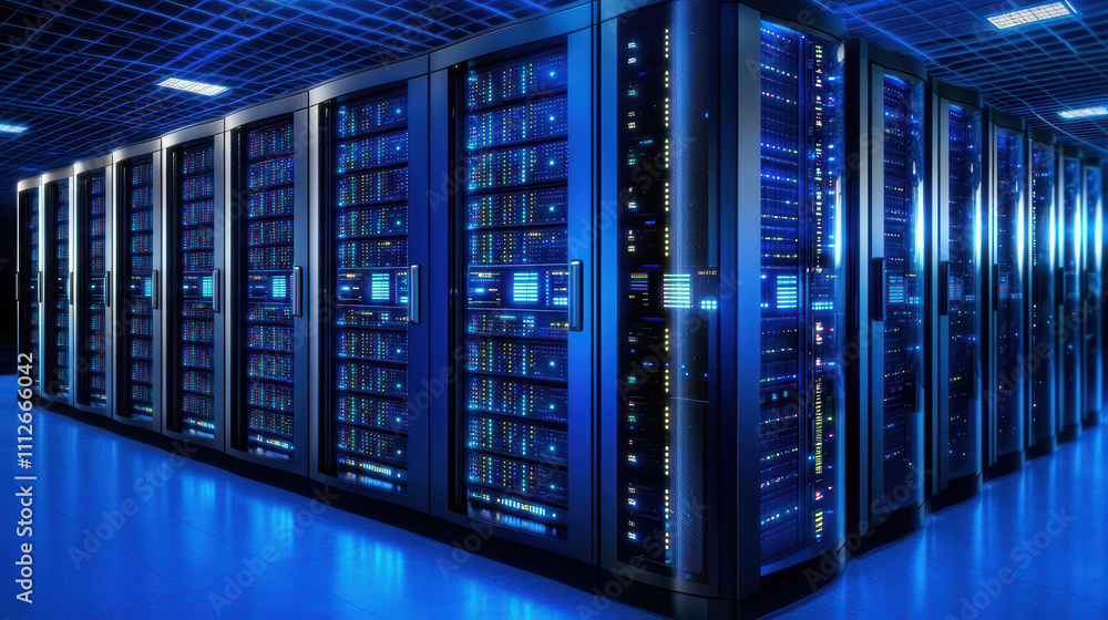 Poster high tech server room with rows of servers illuminated by blue lights, showcasing advanced technolog