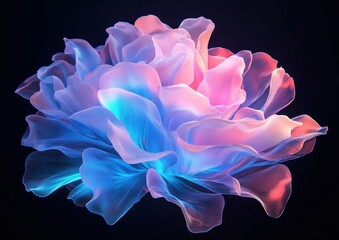 Abstract glowing flower with blue, pink, and red petals on a black background.