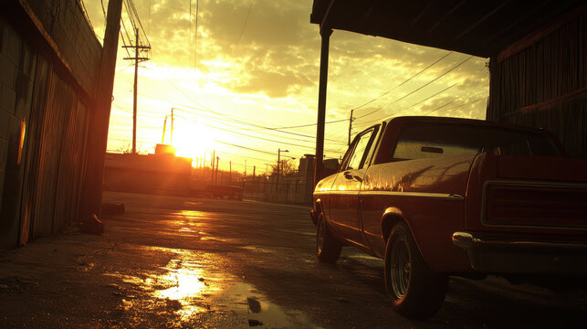 vintage car parked in sunset lit mechanic shop, creating nostalgic atmosphere - Powered by Adobe