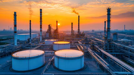Industrial refinery at sunset with pipelines and storage tanks, highlighting modern energy infrastructure and engineering.