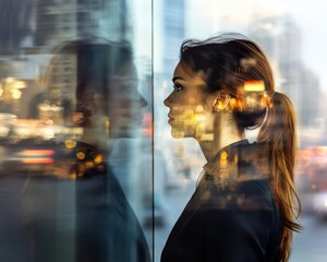 Obraz premium Thoughtful young Asian woman gazes out city window, reflecting on urban life.